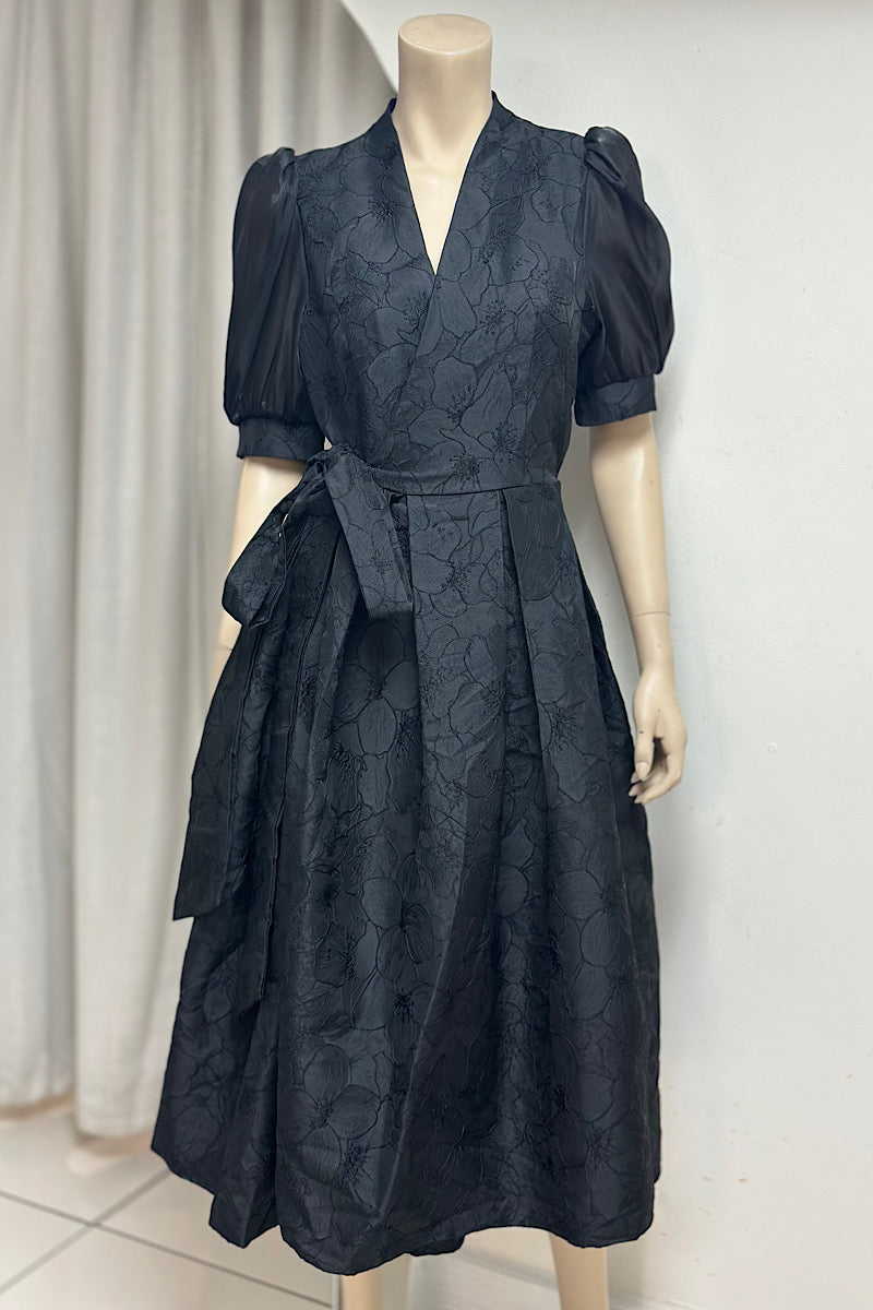 Embroidered Puff Sleeve Wrap Dress