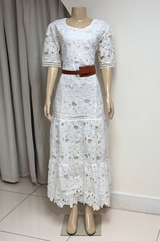 Belted Lace Short Sleeve Maxi