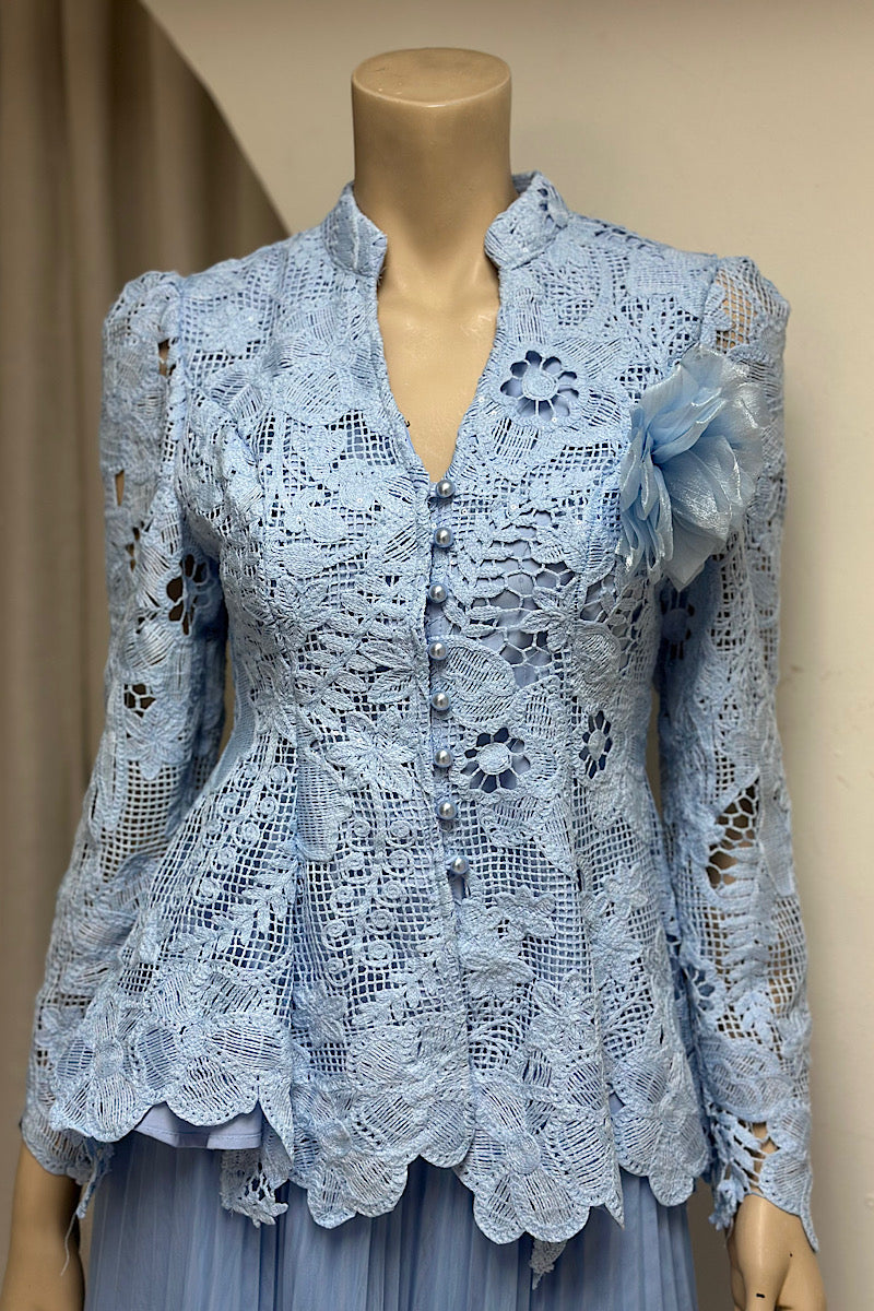 Lace Top Pleated Mid Skirt Set