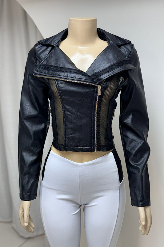 Black Mesh Panel Leather Jacket