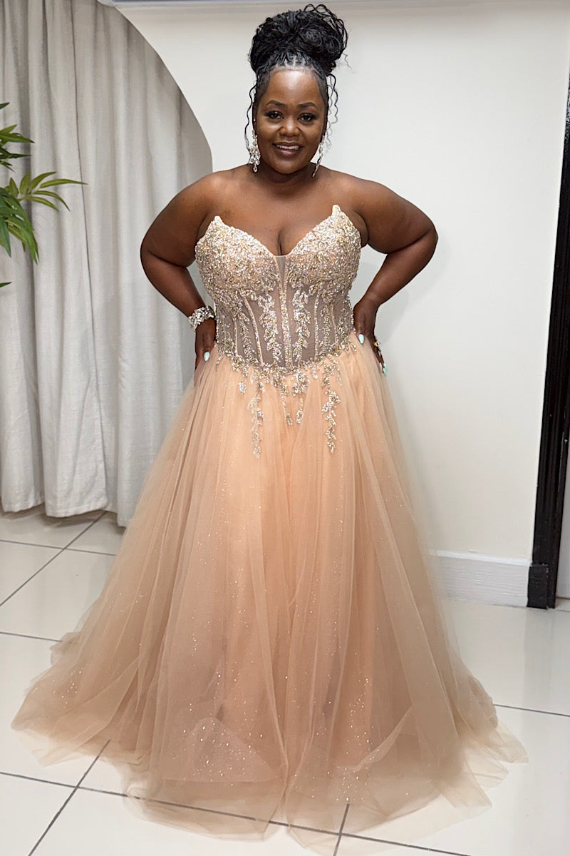 Strapless Embellished Shimmer Ball Gown