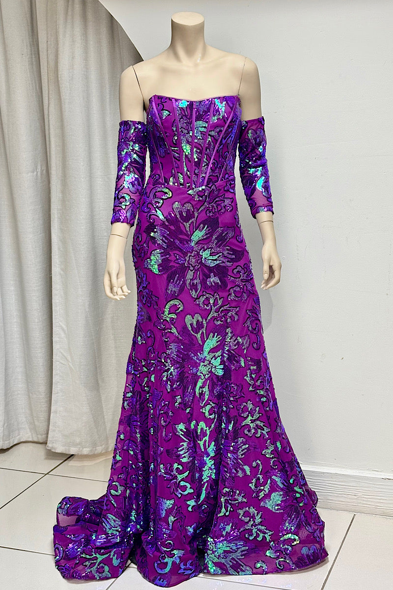 Sequin Detachable Sleeve Long Trail Formal