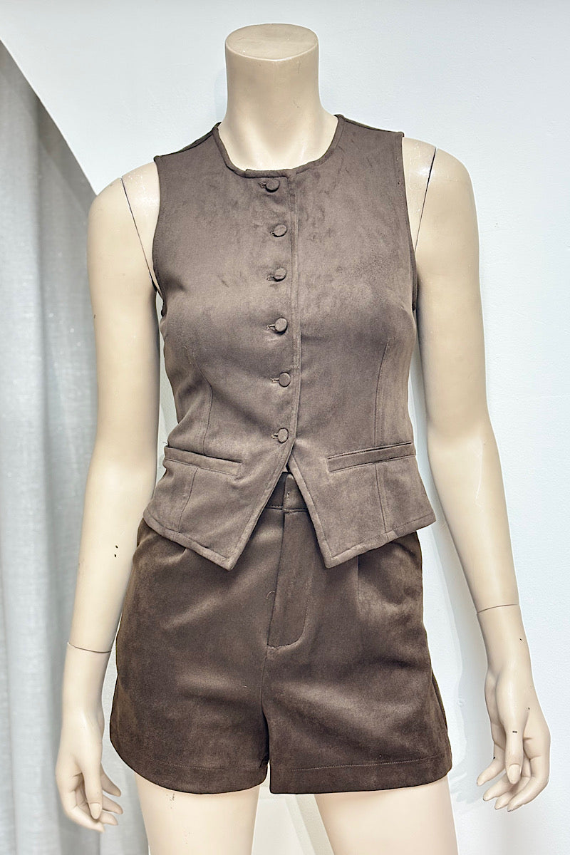 Faux Suede Vest Short Pant Set