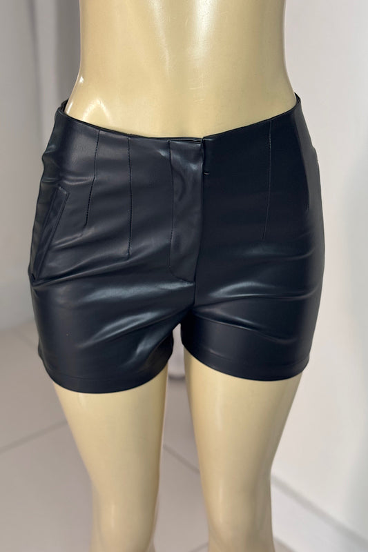 Black Leather Side-Pocket Shorts