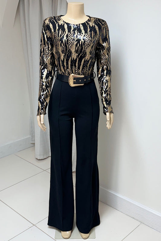 Black and Gold Belted Jumpsuit