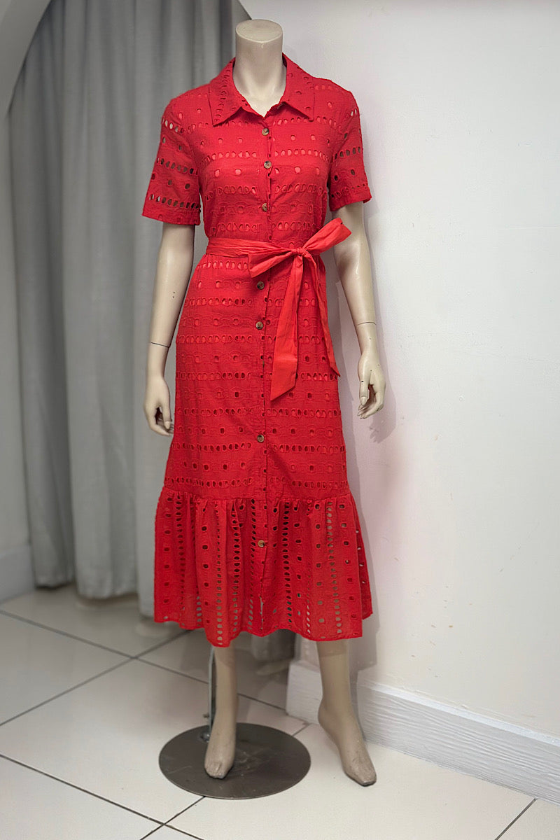 Eyelet Collared Button Midi Dress