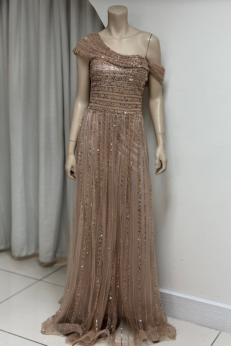 One-Shoulder Beaded Flowy Formal