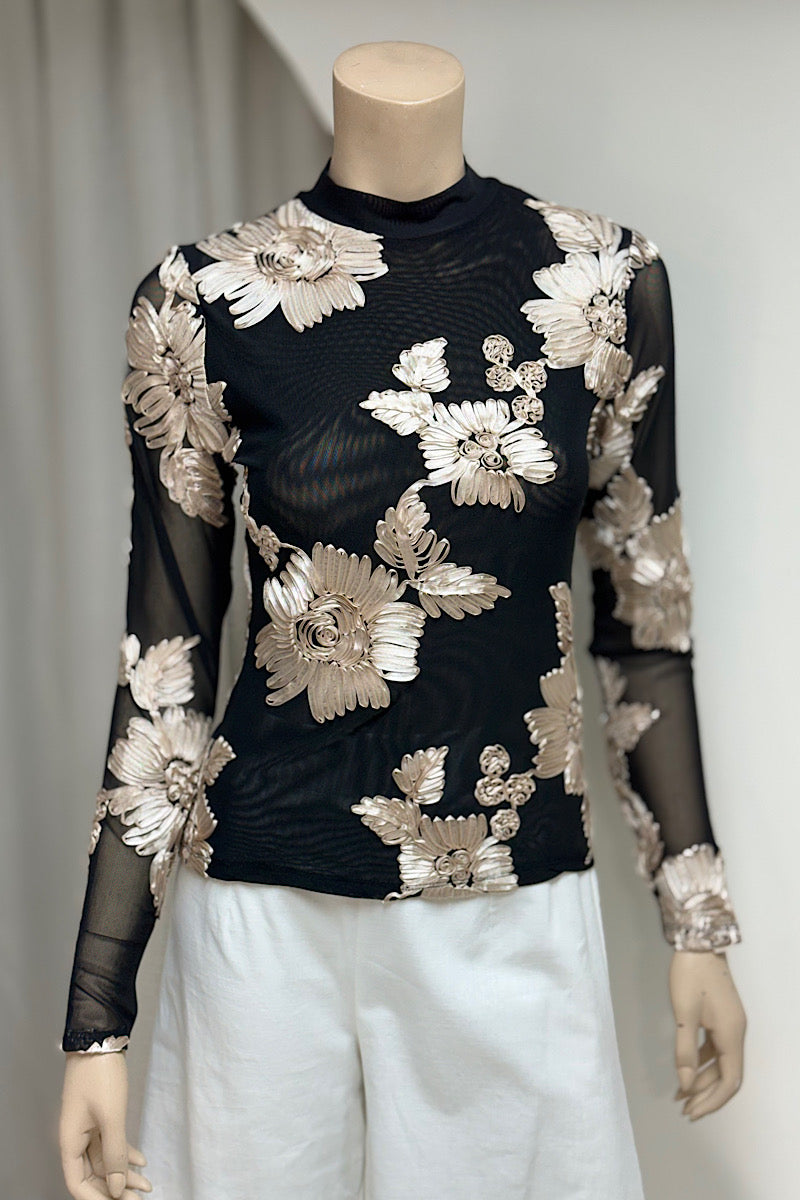 Floral Embroidered Mesh Turtleneck