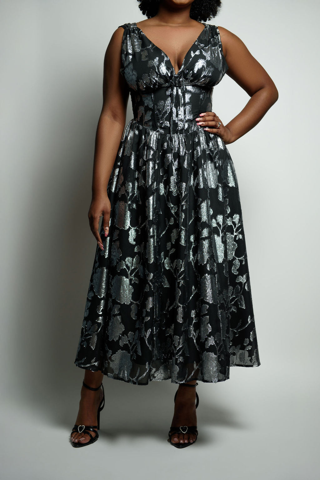 Textured Woven Tinsel Tea-Length Dress