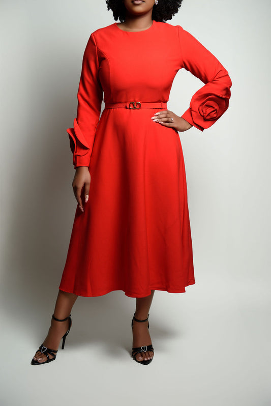 Long Rose Sleeve Tea-Length Dress