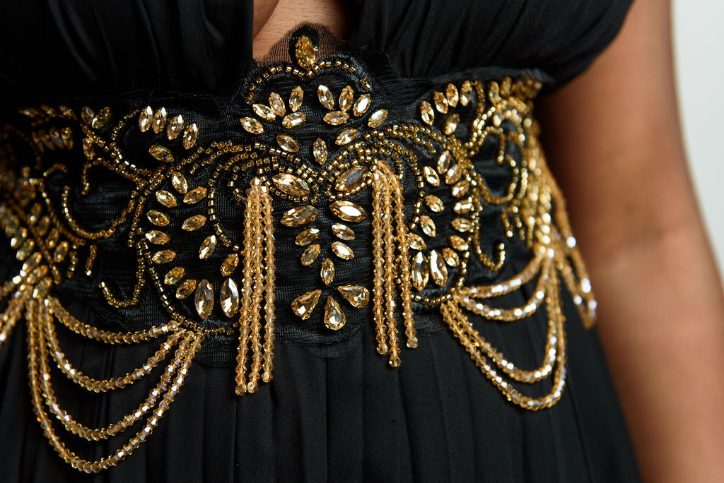 Pleated V-Neck Jeweled Jumpsuit