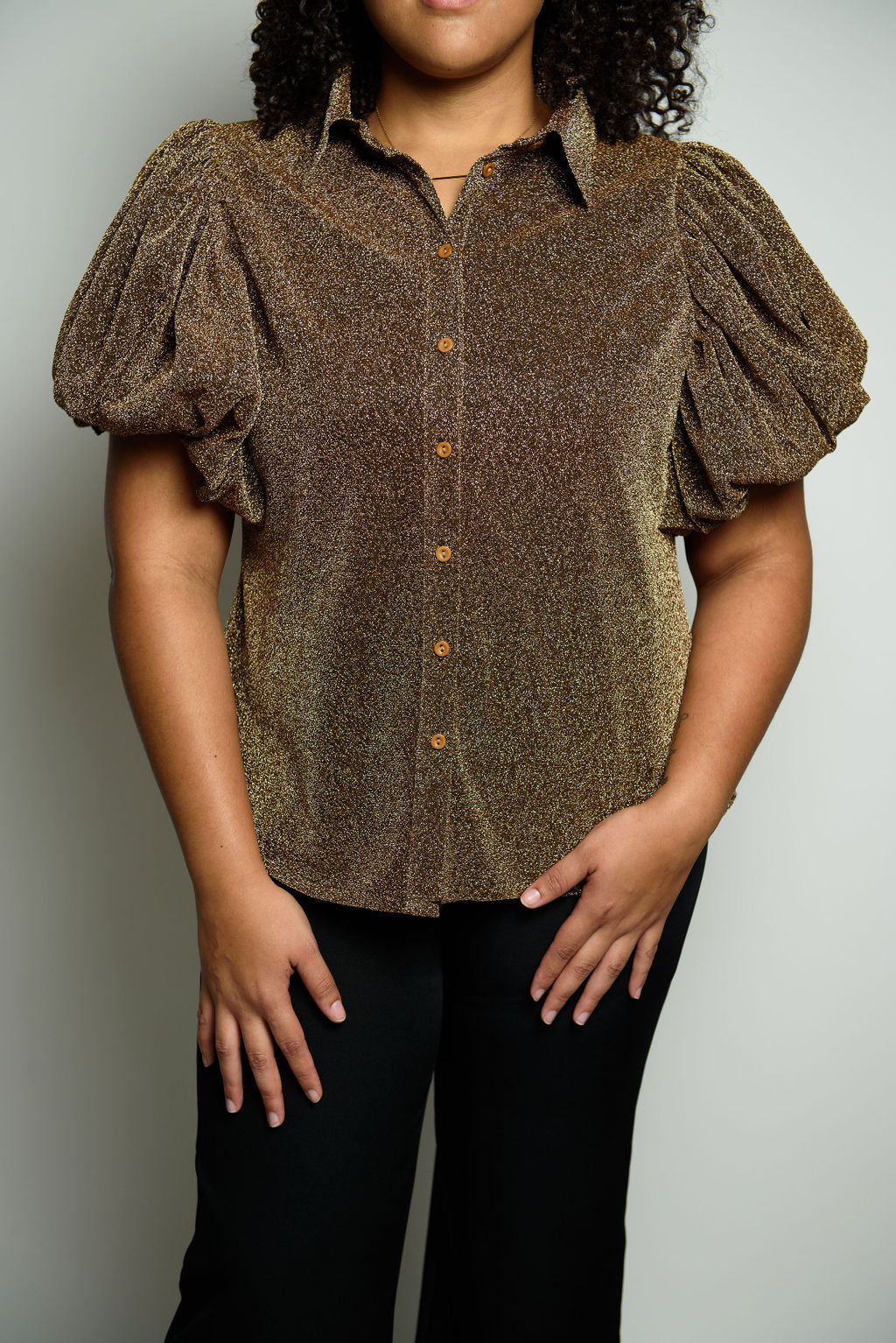 Shimmer Button-Up Puff Sleeve Top