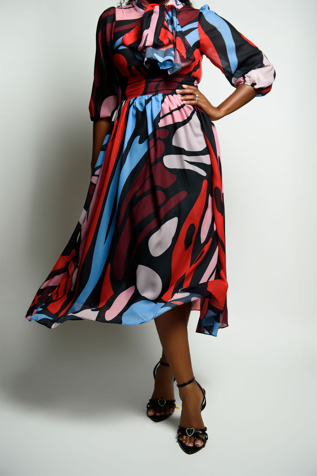 Bowtie Fit and Flare Abstract Print Dress