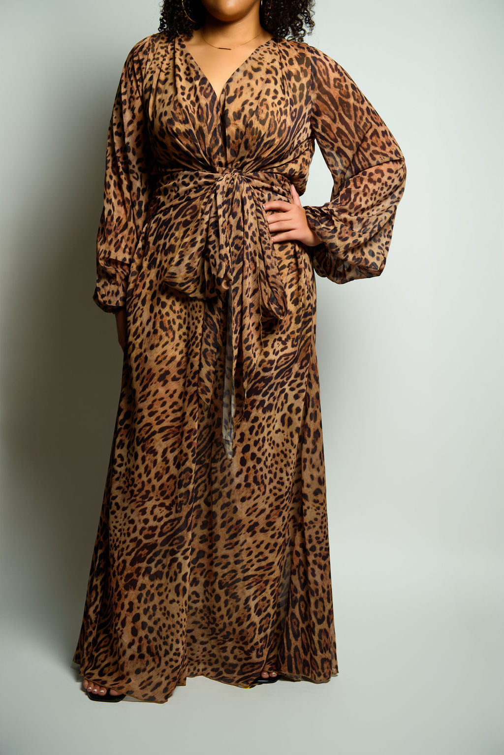 Leopard Tie-Detail Long Sleeve Maxi