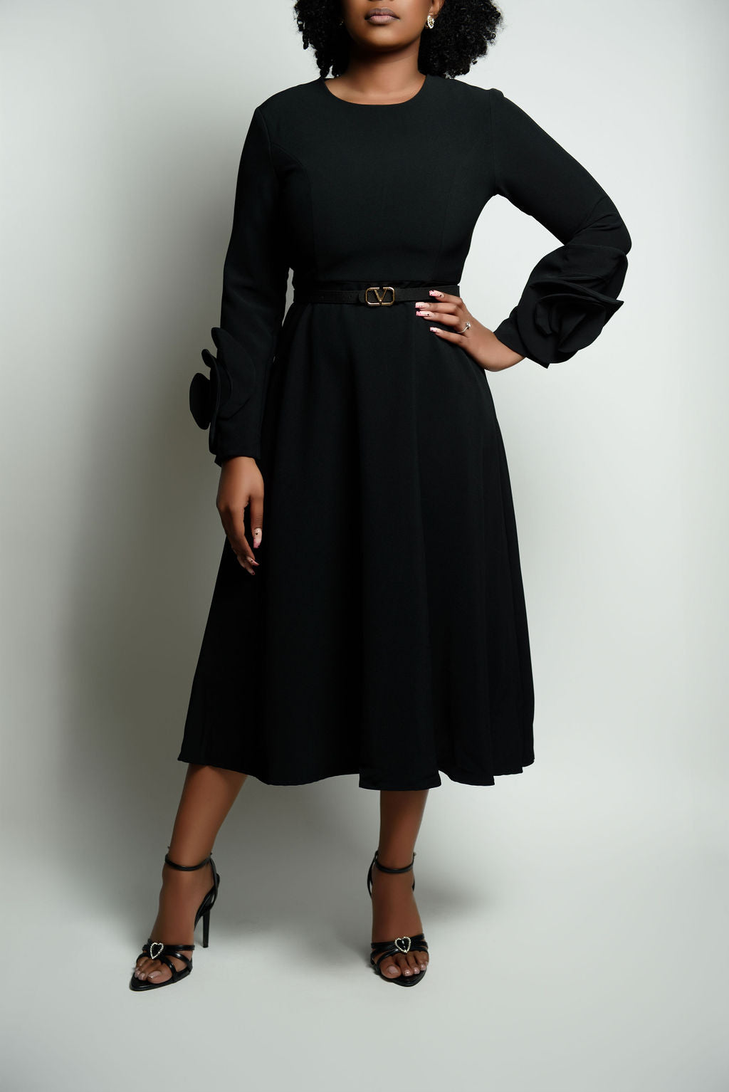 Long Rose Sleeve Tea-Length Dress