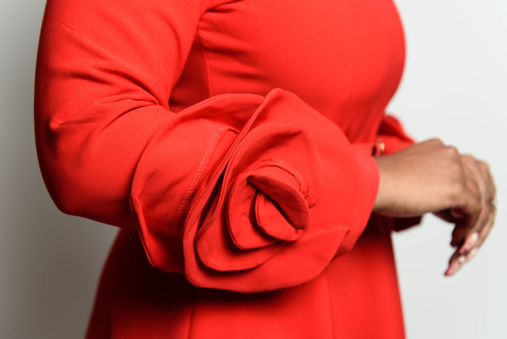 Long Rose Sleeve Tea-Length Dress