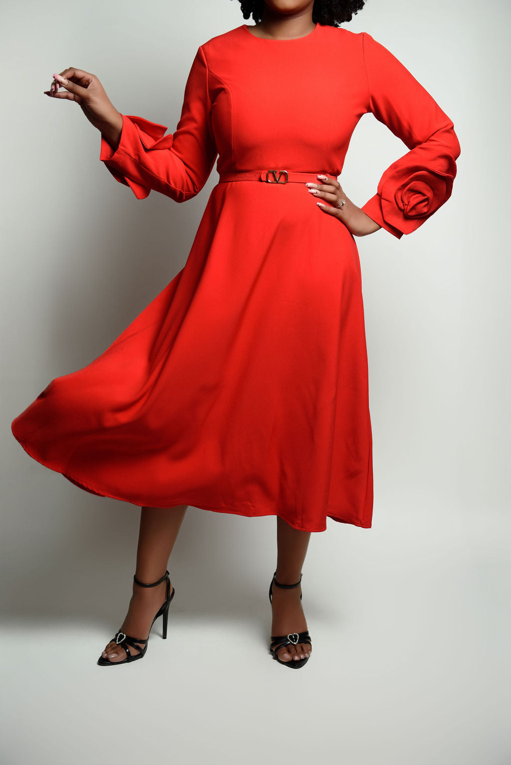 Long Rose Sleeve Tea-Length Dress