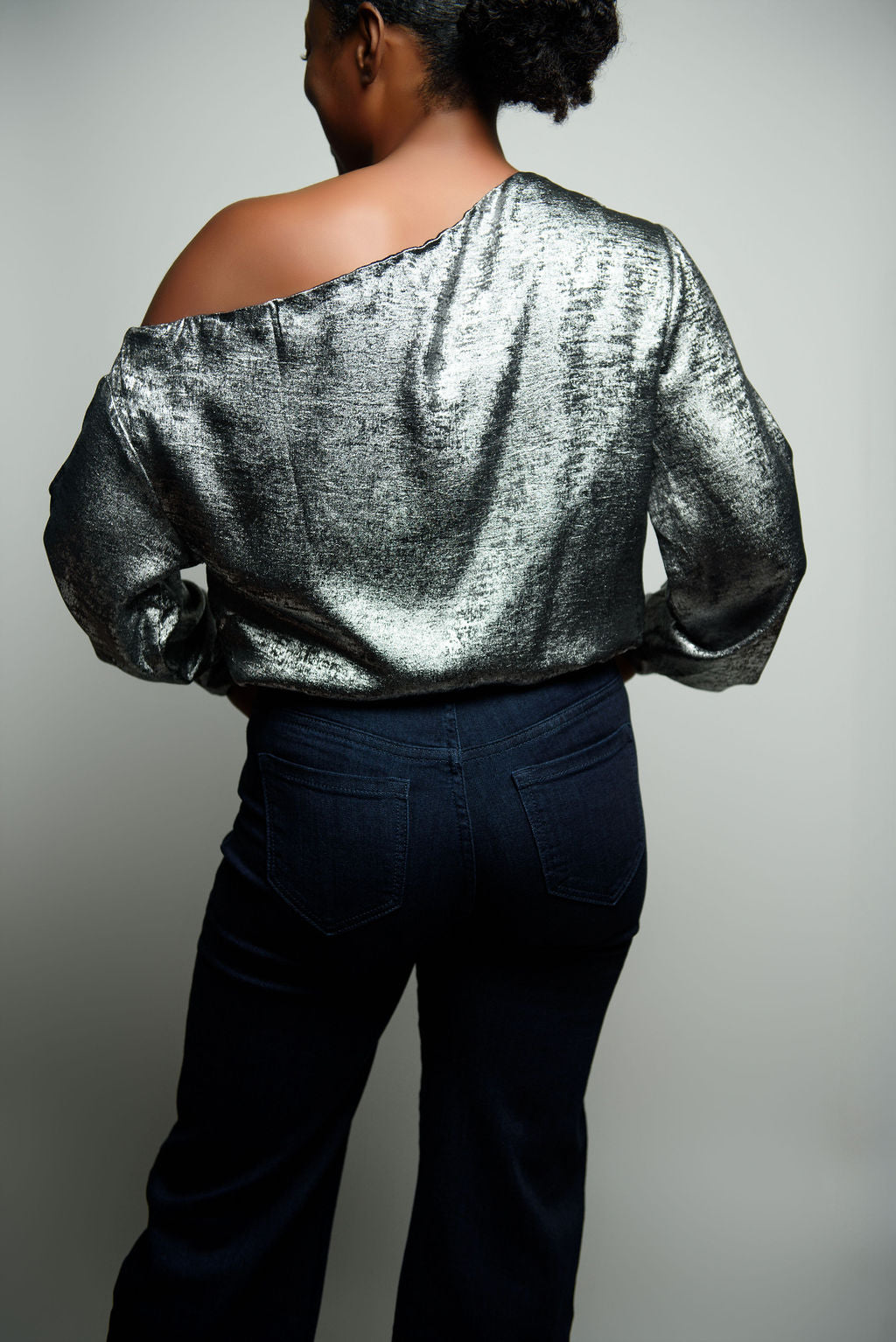 Metallic Rosette Slant Shoulder Top