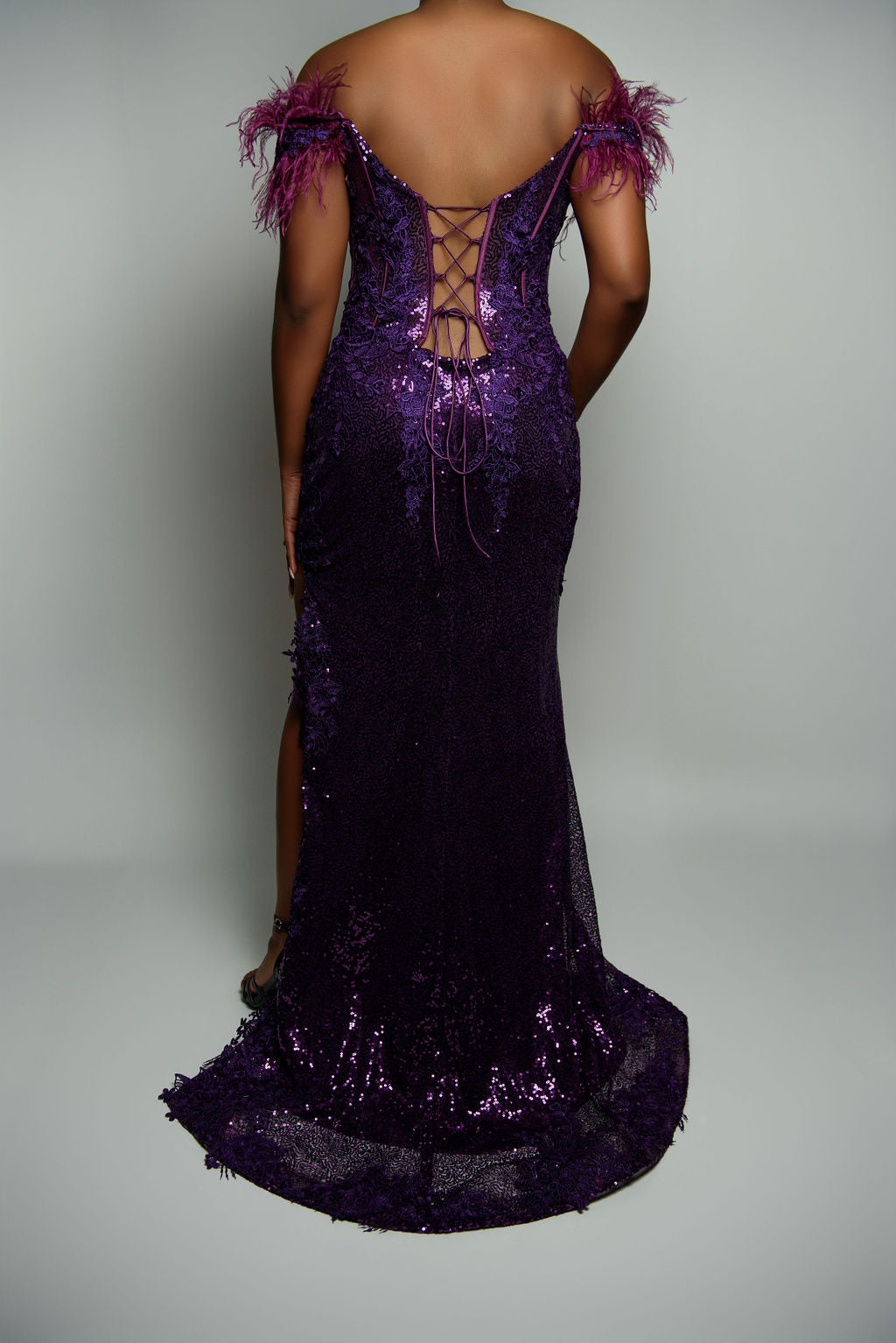 Feather Off-Shoulder Bustier Gown