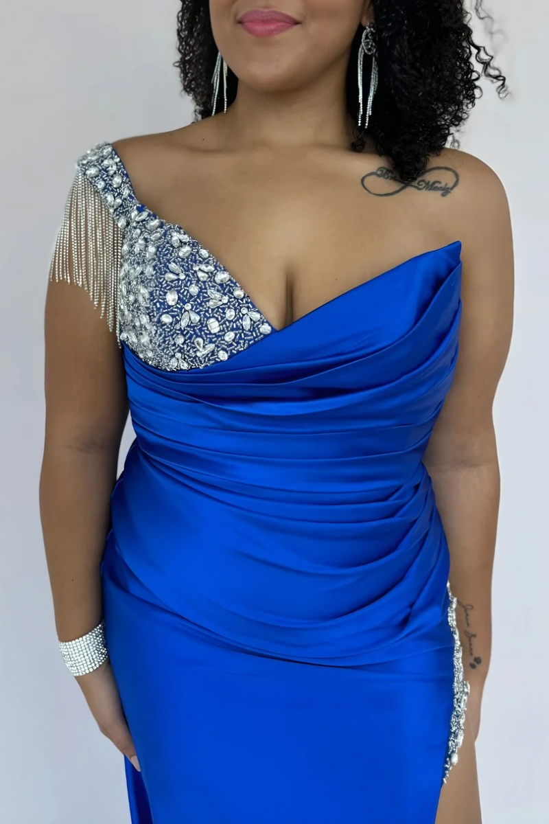 Beaded Off The Shoulder Satin Formal