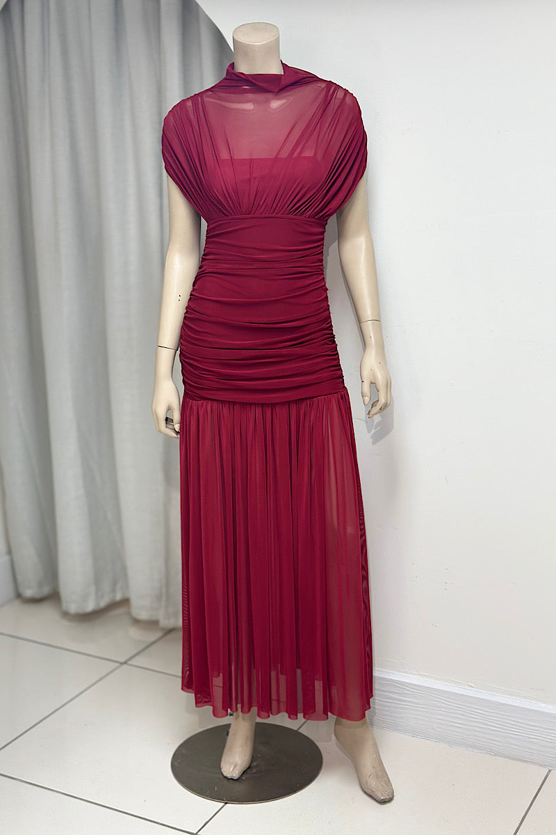 Short Sleeve Ruched Mesh Dress