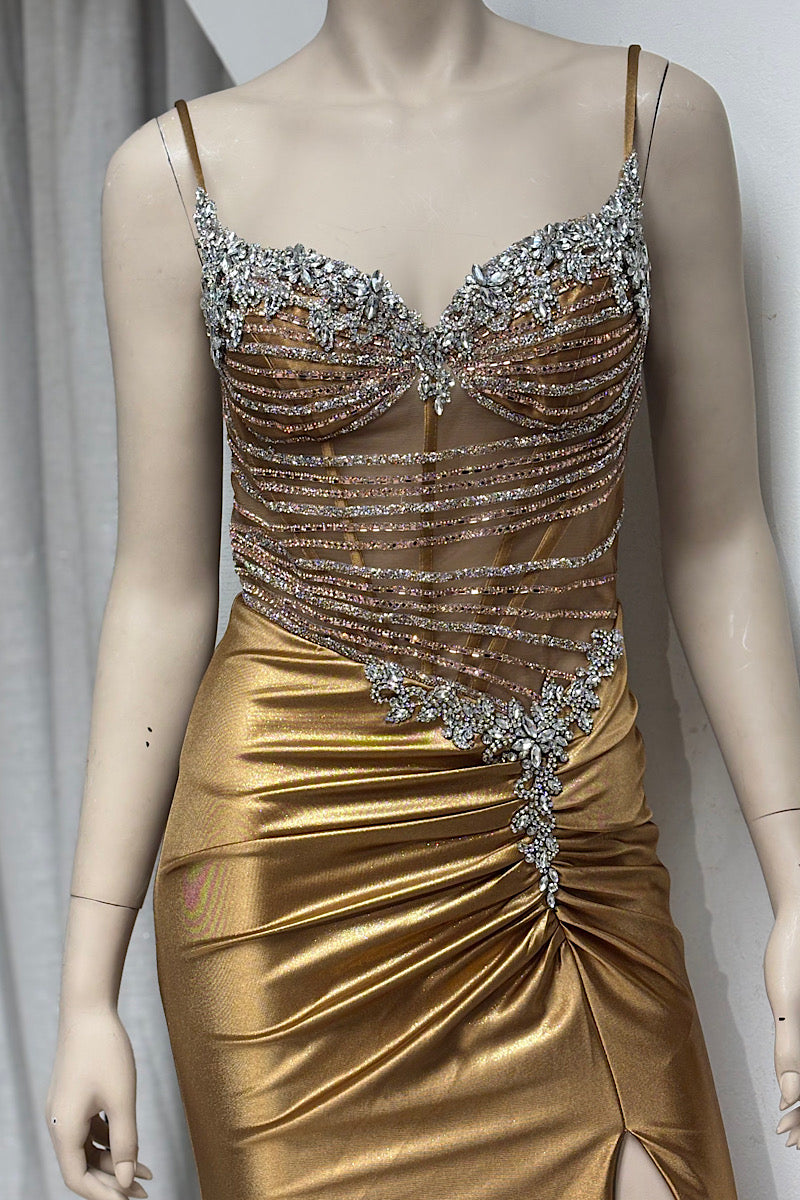 Rhinestone Design High Split Formal