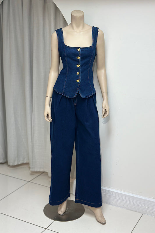 Gold Button Denim Vest Set