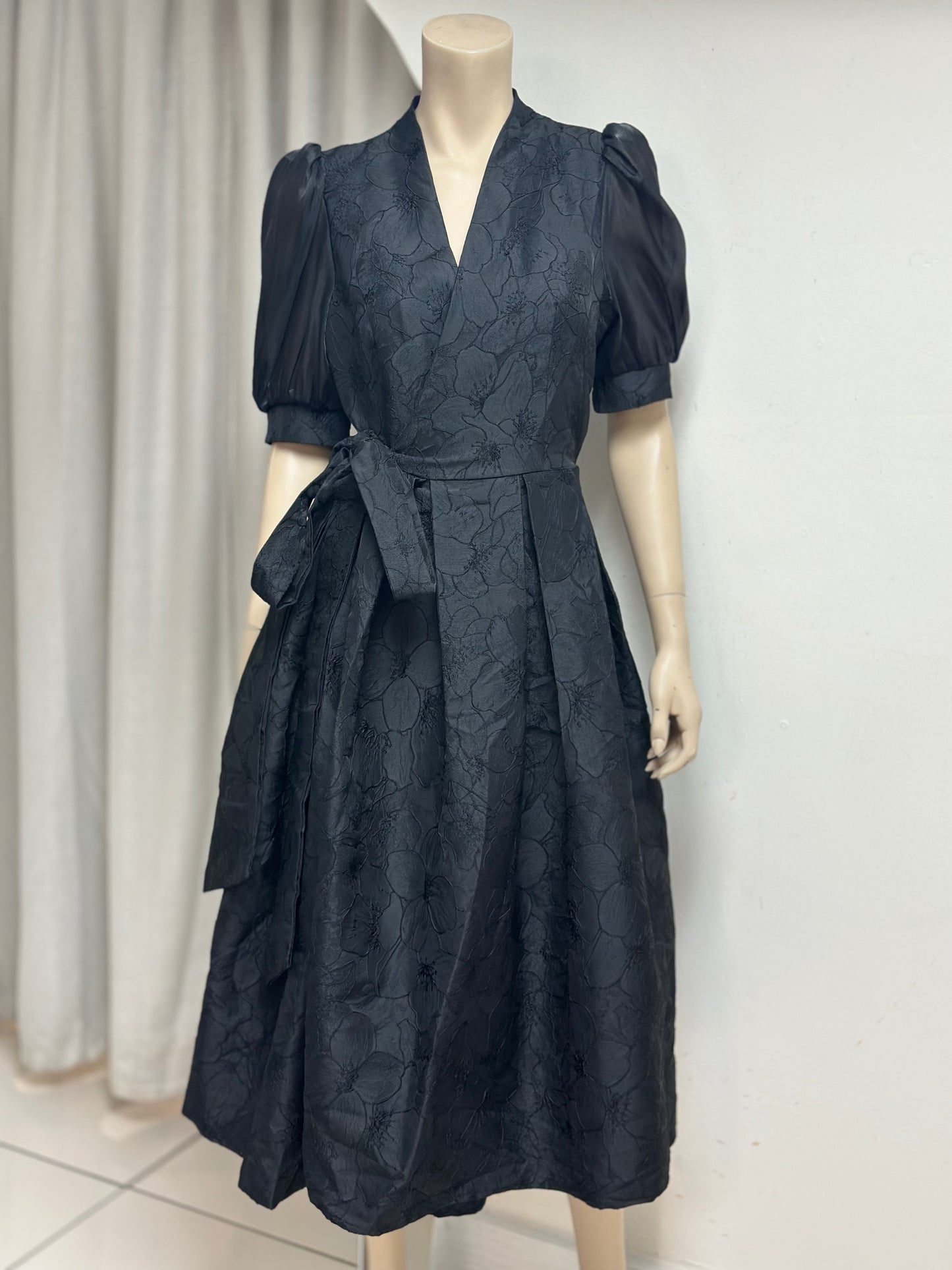 Embroidered Puff Sleeve Wrap Dress
