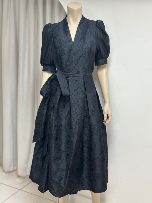 Embroidered Puff Sleeve Wrap Dress