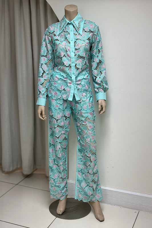 Embroidered Rhinestone Collar Pant Set