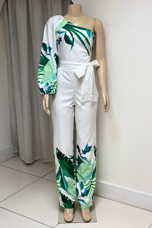 Tropical One Shoulder Sash Jumpsuit