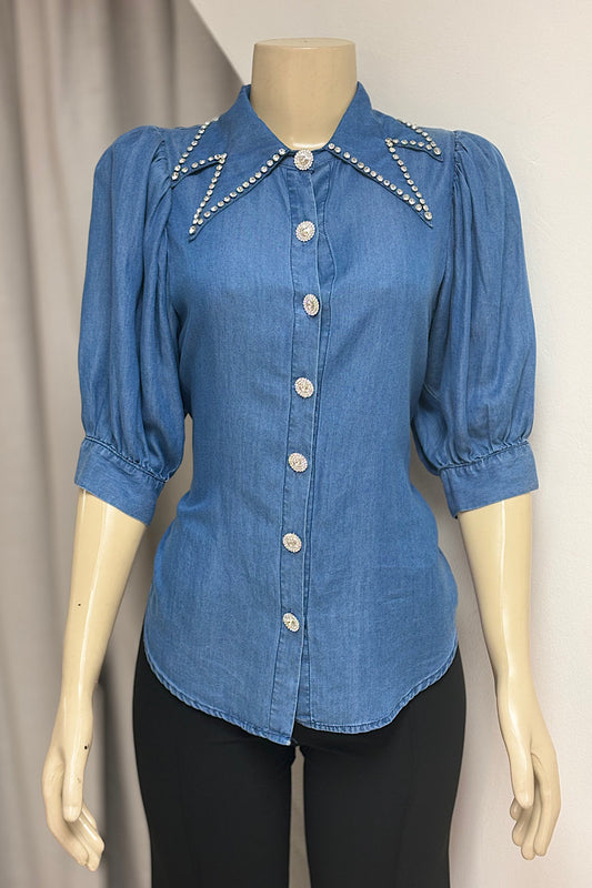 Rhinestone Collar Denim Top