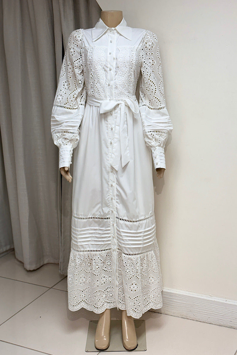 Long Sleeve Eyelet Pearl Button Maxi