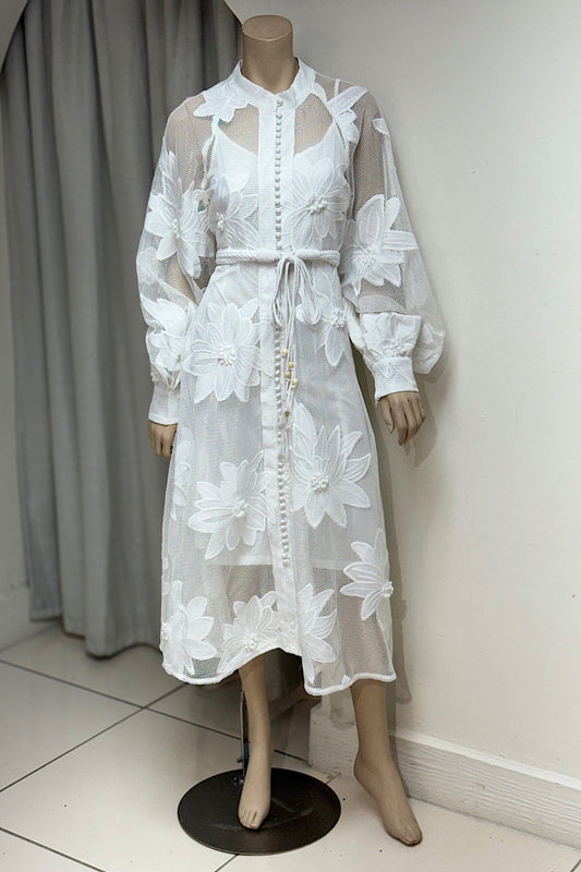 Netted High Neck Full Button Midi Dress