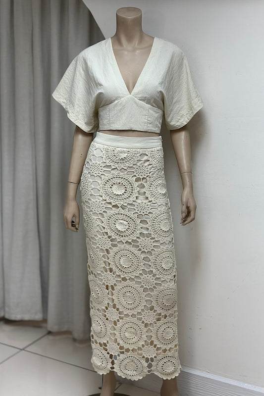 V-Neck Crop Top Lace Skirt Set