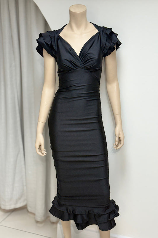 V-Neck Fitted Ruched Midi Dress