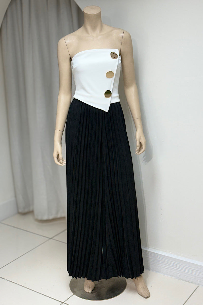 Pleated Gold Button Detail Sleeveless Jumpsuit