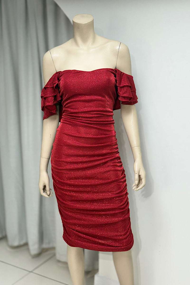 Off-Shoulder Ruched Shimmer Dress