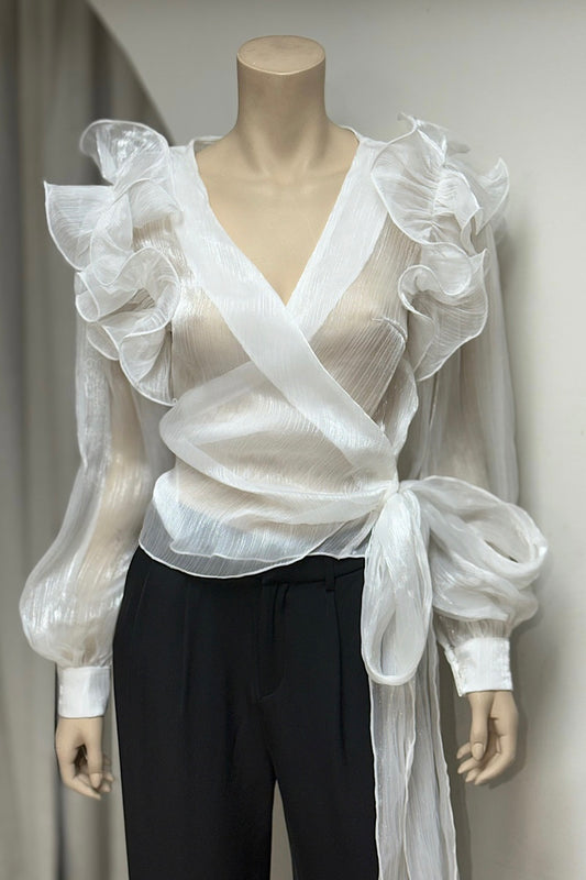 Ruffle Shoulder Sheer Tie Top