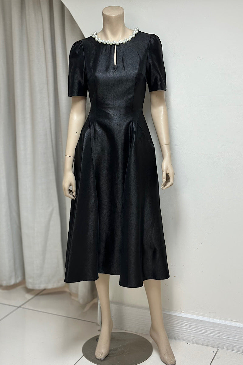 Pearl Neckline Shimmer Midi Dress