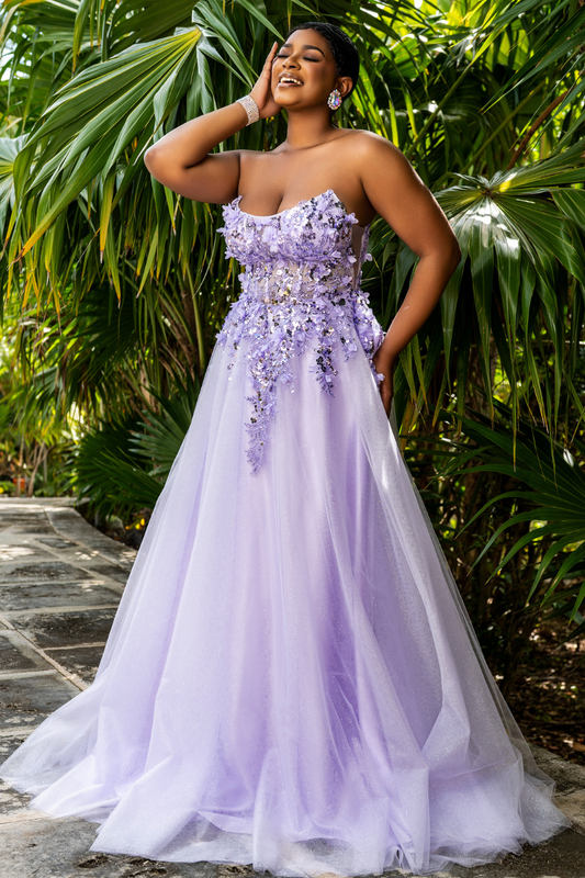 Floral Applique Strapless Corset Formal