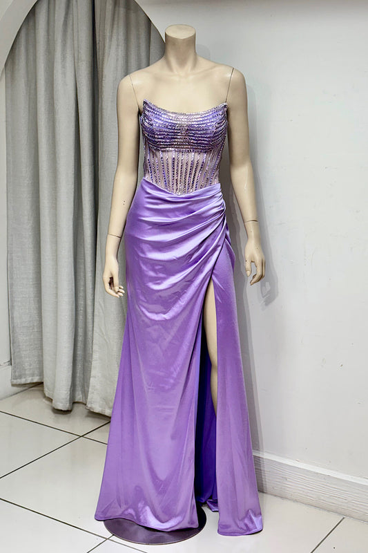 Rhinestone Beaded Corset High Split Formal