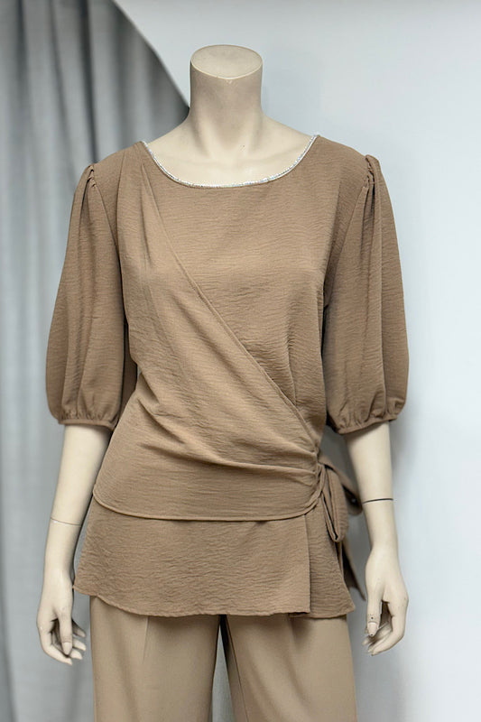 Rhinestone Neckline Side Tie Flowy Top
