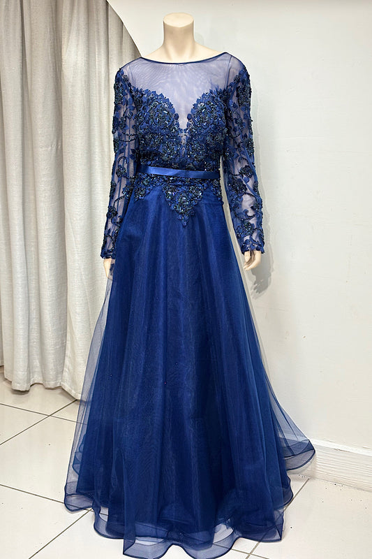 Beaded Flower Applique Long Sleeve Formal