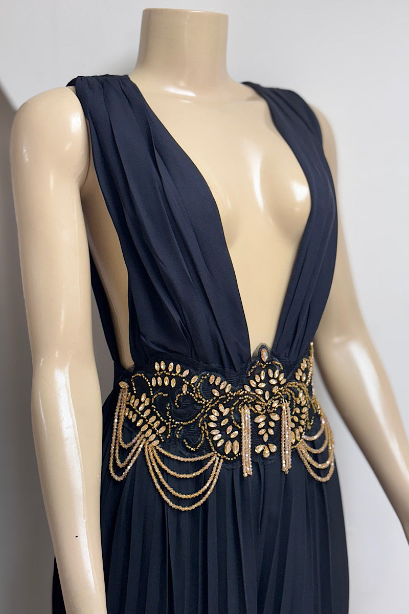 Pleated V-Neck Jeweled Jumpsuit