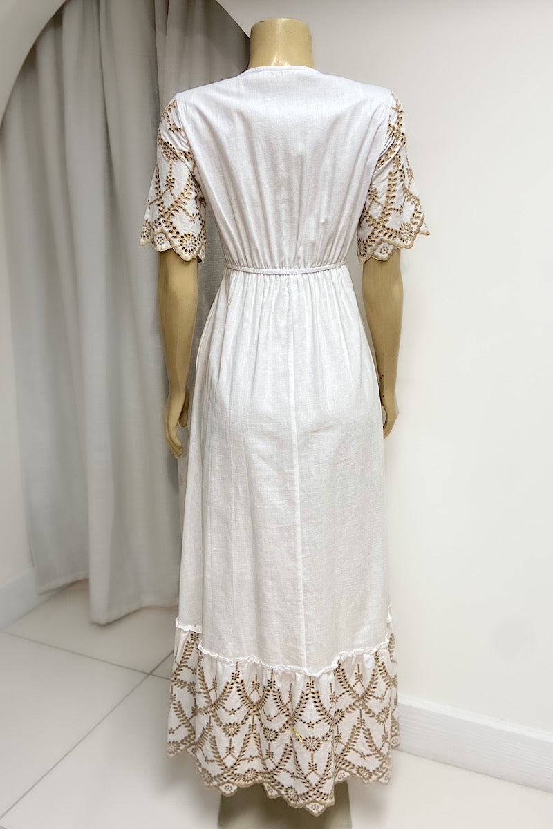 White Linen Eyelet Trim Maxi