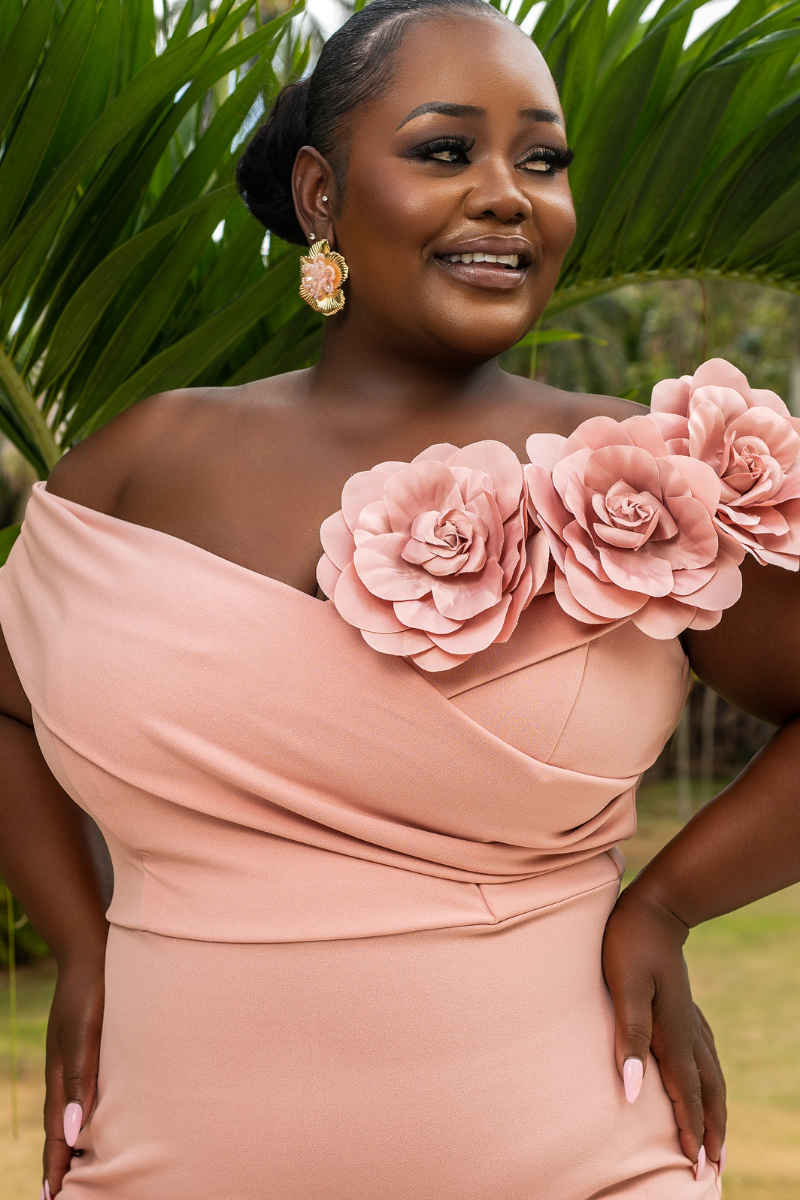 One-Shoulder Flower Appliqué Midi Dress