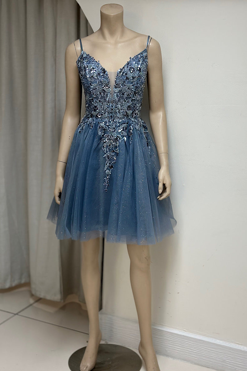 Embroidered Sequin Tulle Mini Formal