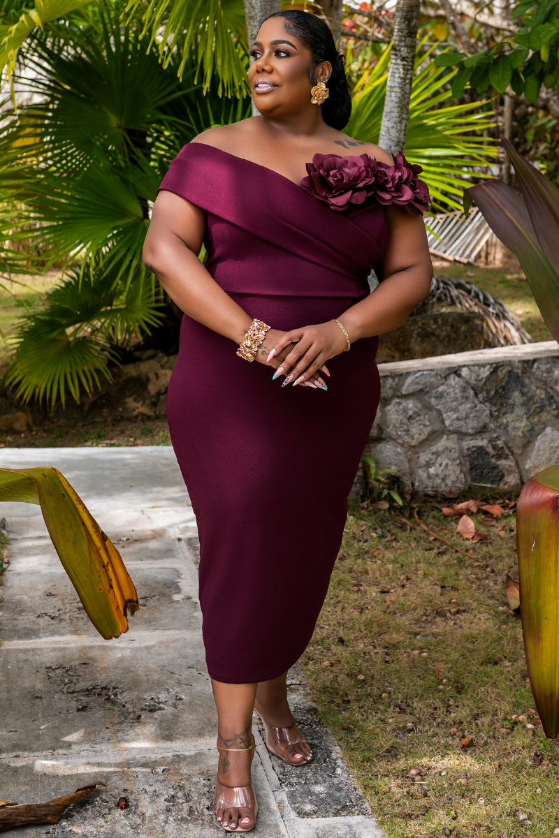 One-Shoulder Flower Appliqué Midi Dress