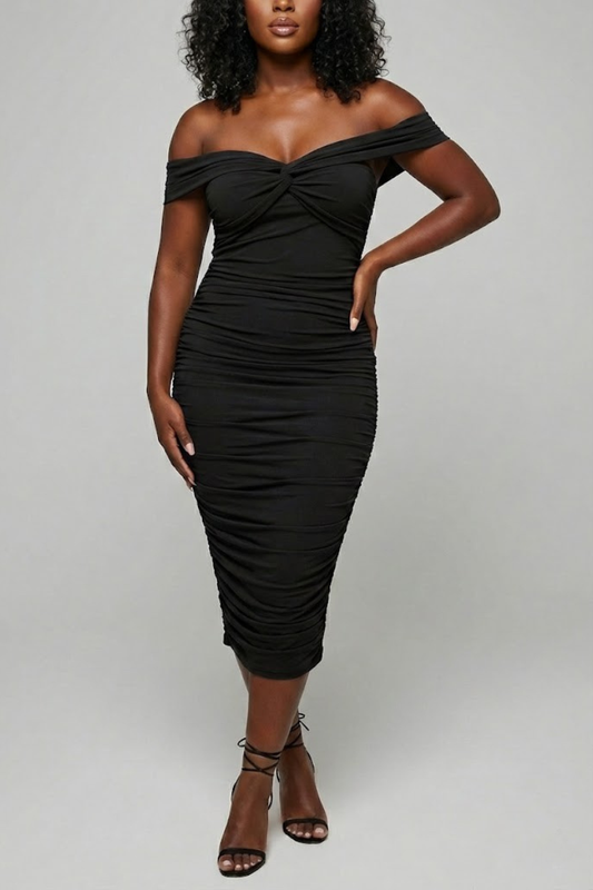 Ruched Off-Shoulder Mesh Midi Dress